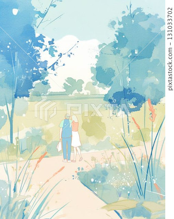 Watercolor illustration of a couple walking along a green path 131033702