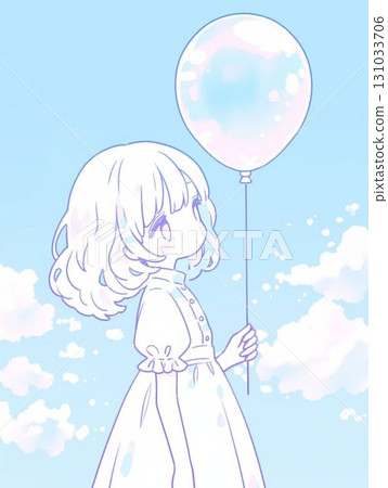 A gentle illustration of a girl holding a balloon 131033706