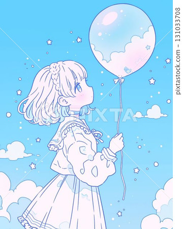 夢幻般的藍天和一個拿著氣球的女孩 131033708