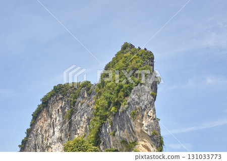Majestic limestone cliff covered in lush greenery against a clear blue sky 131033773
