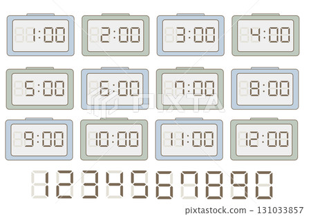 Set of simple digital clock illustrations | 1 o'clock to 12 o'clock 131033857
