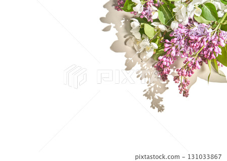 Elegant purple and white lilac flowers on white background with soft shadows Elegant purple and white lilac flowers on white background with soft shadows 131033867