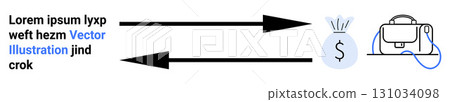 Arrows point towards money bag with dollar sign and handbag. Ideal for finance, transactions, savings, budgeting, banking, financial apps, business presentations. Landing page 131034098