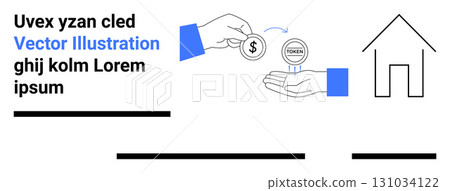Hand exchanging a dollar coin for a token, house outline, and placeholder text. Ideal for financial services, cryptocurrency, real estate, digital transactions, marketing, business presentations Hand exchanging a dollar coin for a token, house outline, and placeholder text. Ideal for financial services, cryptocurrency, real estate, digital transactions, marketing, business presentations 131034122