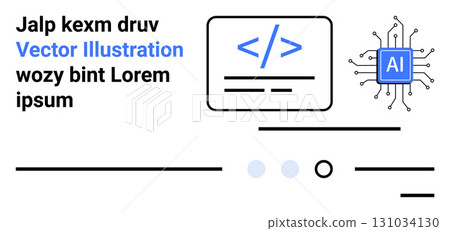 Text elements, coding symbol in rectangular box, AI microchip, lines, dots. Ideal for technology, coding, artificial intelligence, programming, web development, software engineering, digital 131034130