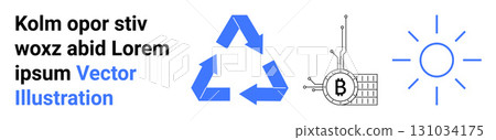 Recycling arrows, circuit with Bitcoin symbol, and sun icon. Ideal for eco-friendly content, cryptocurrency blogs, educational materials, tech websites, digital marketing, sustainability reports 131034175