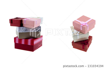 set of gifts for the wedding red, pink stacked in two piles on an isolated background 131034194