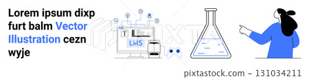 Scientist pointing at a lab flask and LMS integration screen on laptop chemical symbols, text. Ideal for education, e-learning, science, research, online learning, academic presentations, educational Scientist pointing at a lab flask and LMS integration screen on laptop chemical symbols, text. Ideal for education, e-learning, science, research, online learning, academic presentations, educational 131034211