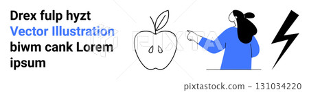 Female character pointing at apple and lightning bolt. Ideal for educational content, presentations, infographics, design projects, creative workshops, social media posts. Banner for landing page 131034220