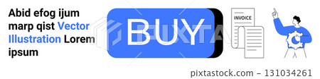 Blue BUY button, text elements, invoice, and character holding a gear icon. Ideal for e-commerce, payment processing, online shopping, invoicing, financial transactions, purchasing services, user 131034261