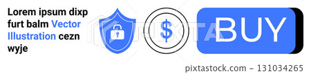 Text block, blue shield with padlock, dollar sign, and blue BUY button. Ideal for e-commerce, security, currency, online shopping, call to action, digital transactions, website UI. Landing page 131034265
