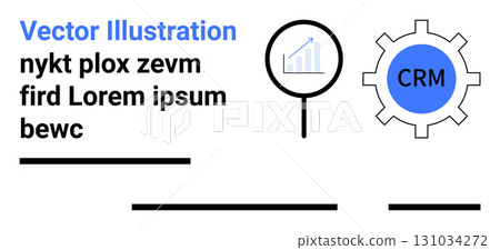 Magnifying glass over a bar chart, CRM gear symbol, and placeholder text. Ideal for business analytics, marketing, CRM, data visualization, infographics, educational materials, corporate 131034272