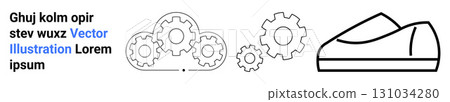 Cloud with gears, simple gear silhouettes, and minimalist shoe outline. Ideal for cloud technology, data processing, mechanical engineering, product design, footwear industry, innovation concepts 131034280