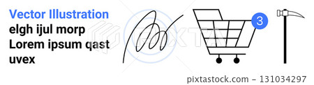 Shopping cart with a badge, random text, a signature, and a pickaxe in black and blue colors. Ideal for retail, e-commerce, shopping, handwritten signatures, mining, UIUX design, vector art, landing Shopping cart with a badge, random text, a signature, and a pickaxe in black and blue colors. Ideal for retail, e-commerce, shopping, handwritten signatures, mining, UIUX design, vector art, landing 131034297
