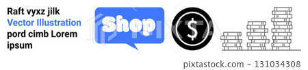 Speech bubble with the text Shop in it, a dollar coin, and a stack of books forming a bar chart. Ideal for e-commerce, financial growth, learning, online retail, and business development. Banner Speech bubble with the text Shop in it, a dollar coin, and a stack of books forming a bar chart. Ideal for e-commerce, financial growth, learning, online retail, and business development. Banner 131034308