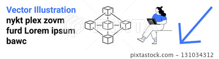Blockchain network diagram with connected cubes, woman holding laptop in blue shirt and pants, large blue arrow. Ideal for technology, blockchain, remote work, digital interaction, infographics, tech 131034312