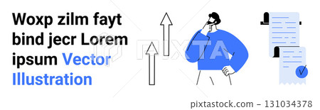Person contemplating with upward arrows, completed documents. Ideal for business planning, growth strategies, analytics, decision making, project management, team brainstorming, educational 131034378