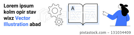 Woman continues pointing at an open book with text, surrounded by gears. Emphasizes knowledge sharing, educational tools, and conceptual learning. Ideal for academic, training, tutorials, workshops 131034409
