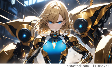 Illustration of a beautiful cyber woman with bob hair and blue eyes 131034732