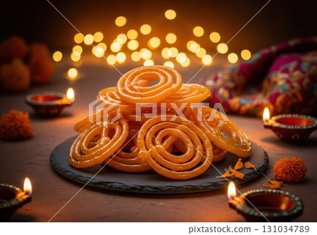 Traditional indian jalebi sweets for the diwali festival with burning diya lamps and bokeh Traditional indian jalebi sweets for the diwali festival with burning diya lamps and bokeh 131034789