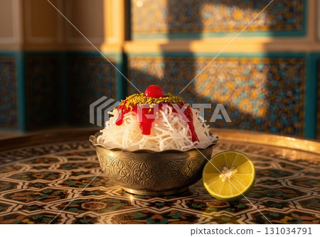 Traditional iranian faloodeh dessert with rice noodles pistachios and cherry syrup in a bowl 131034791