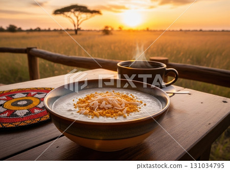 Kenyan sweet potato and coconut pudding served for breakfast at sunrise in the african savanna Kenyan sweet potato and coconut pudding served for breakfast at sunrise in the african savanna 131034795