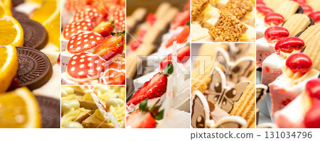 Food collage of pastries and Eastern sweets 131034796