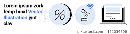 Percentage symbol, robotic arm with wireless signal, and laptop screen with text. Ideal for technology, finance, automation, internet of things, online services, data analysis, business. Landing page Percentage symbol, robotic arm with wireless signal, and laptop screen with text. Ideal for technology, finance, automation, internet of things, online services, data analysis, business. Landing page 131034806