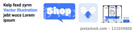 Blue and white shop speech bubble icon with 3D printing equipment. Ideal for online shopping e-commerce technology innovation modern retail and 3D printing. Banner for landing page 131034808