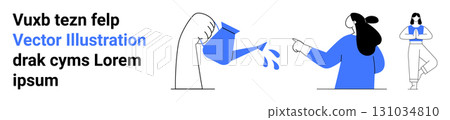 Person with watering can, woman pointing at something, blue quote text on left. Ideal for website headers, articles, blogs, presentations, educational materials, social media, advertisements. Banner Person with watering can, woman pointing at something, blue quote text on left. Ideal for website headers, articles, blogs, presentations, educational materials, social media, advertisements. Banner 131034810