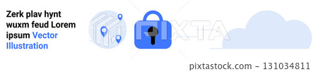 Padlock with keyhole, three blue location markers on world map, and cloud graphic. Ideal for cybersecurity, data protection, cloud services, online privacy, network security, secure data storage 131034811
