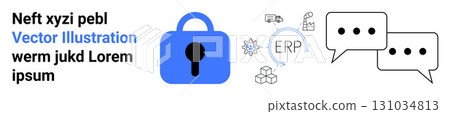 Blue lock icon, ERP integration elements, and speech bubbles highlight cybersecurity, enterprise resource planning, and communication. Ideal for tech, business webinars, security, data management Blue lock icon, ERP integration elements, and speech bubbles highlight cybersecurity, enterprise resource planning, and communication. Ideal for tech, business webinars, security, data management 131034813