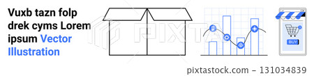 Open cardboard box, data analysis graph with three gear icons on bars, smartphone with online shopping cart icon and blue awning. Ideal for e-commerce, logistics, digital marketing, data analytics Open cardboard box, data analysis graph with three gear icons on bars, smartphone with online shopping cart icon and blue awning. Ideal for e-commerce, logistics, digital marketing, data analytics 131034839