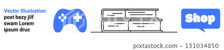 Blue game controller white cross icon stacked books black outlines speech bubble white text sample text. Ideal for education online stores gaming shopping websites promotional materials internet ads Blue game controller white cross icon stacked books black outlines speech bubble white text sample text. Ideal for education online stores gaming shopping websites promotional materials internet ads 131034850