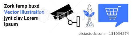 Security camera, plant with chemical structure, shopping cart in blue speech bubble. Ideal for technology, security, ecommerce, communication, science, growth, innovation themes. Landing page Security camera, plant with chemical structure, shopping cart in blue speech bubble. Ideal for technology, security, ecommerce, communication, science, growth, innovation themes. Landing page 131034874