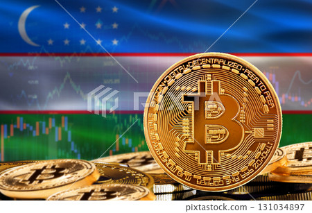 Investors in cryptocurrency and Blockchain Technology in Uzbekistan, Concept. Bitcoin with Uzbekistan flag in the background 131034897