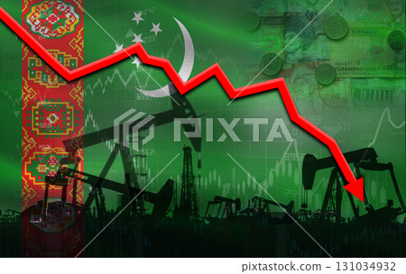 Petrol crisis with Turkmenistan flag on financial graph. Fall oil price with flag of Turkmenistan on economic chart 131034932
