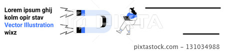 Magnetic field attracting text towards a blue magnet while a female character with laptop sits on chair. Ideal for marketing, attraction, engagement, online presence, technology, design 131034988