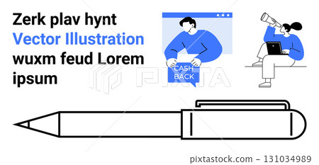 Man on laptop researching with telescope, another handling cashback feature. Includes a pen click mechanism design. Ideal for marketing, promotions, e-commerce, financial apps, educational materials Man on laptop researching with telescope, another handling cashback feature. Includes a pen click mechanism design. Ideal for marketing, promotions, e-commerce, financial apps, educational materials 131034989