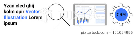 Magnifying glass, CRM gear icon, data analysis chart with text placeholder for customization. Ideal for business, technology, data management, software, analytics, marketing, research. Landing page 131034996