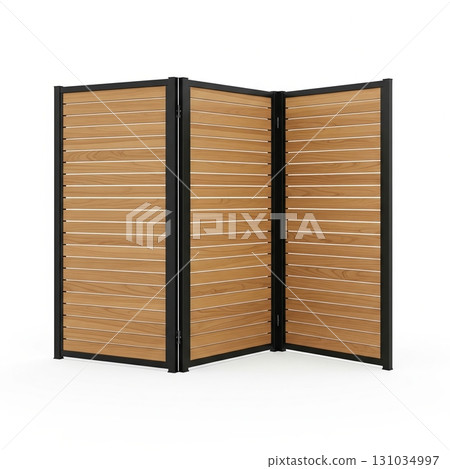 Modern folding privacy screen with wooden slats and a black frame isolated on a white background 131034997