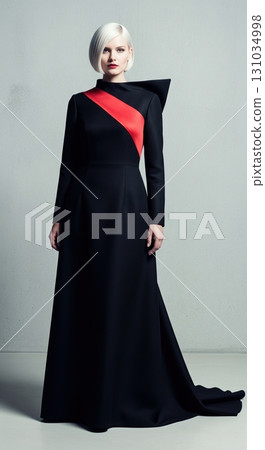 High fashion model with blonde hair in an architectural black and red long evening gown 131034998