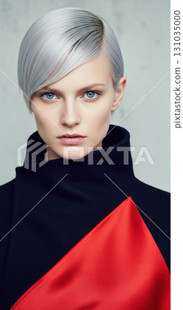 Beautiful woman with a short platinum haircut in a futuristic black and red designer coat 131035000