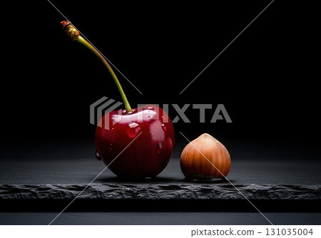 Dramatic still life of a fresh red cherry with water drops and one hazelnut on a dark slate Dramatic still life of a fresh red cherry with water drops and one hazelnut on a dark slate 131035004