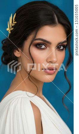 Beautiful woman as a greek goddess in a white dress with a golden olive branch in her updo 131035005