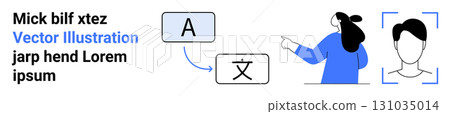 Woman pointing at language translation symbols with an avatar beside her. Ideal for language learning, translation services, educational platforms, tech tutorials, digital content, remote learning 131035014