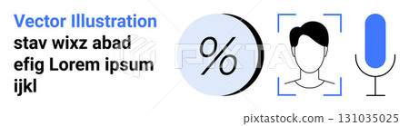 Percentage symbol, user profile picture in frame, and blue microphone. Ideal for finance, online profiles, audio recording, communication, app icons, digital marketing, user interfaces. Landing page Percentage symbol, user profile picture in frame, and blue microphone. Ideal for finance, online profiles, audio recording, communication, app icons, digital marketing, user interfaces. Landing page 131035025