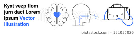 Brain with a heart symbol, human profile exhaling, handbag with strap. Ideal for health, wellness, psychology, mindfulness, breathing exercises, professional lifestyle, educational materials. Landing Brain with a heart symbol, human profile exhaling, handbag with strap. Ideal for health, wellness, psychology, mindfulness, breathing exercises, professional lifestyle, educational materials. Landing 131035026