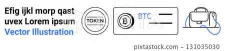 Tokens, Bitcoin logos, digital wallet icons, and sample text highlight cryptocurrency themes. Ideal for fintech, blockchain, banking, mobile apps, websites, infographics, educational content 131035030