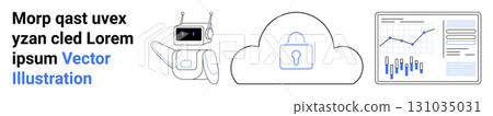AI robot with friendly design, secure cloud with lock symbol, data analytics screen with graphs and charts. Ideal for tech businesses, AI solutions, cybersecurity, cloud computing, data analysis, IT 131035031